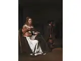 Innenraum mit Sitzender Stickerin by Michiel Sweerts, oil on canvas, offered Mar 2023