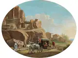 Südliche Landschaft mit Kutsche by Jan van den Hecke d. J., oil on panel, sold Sep 2020