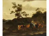 Landschaft mit Figuren und Herde by Nicolaes Pieterszoon Berchem, oil on canvas, offered Jun 2023