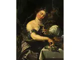Portrait Einer Dame mit Weinglas und Affen by Abraham Janssens, oil on canvas, sold Dec 2021