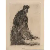Man in Cloak and Fur Cap Leaning Against a Bank by Rembrandt Harmensz van Rijn, etching on thick papier verge, sold Aug 2024