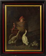 Child Playing with Geese by Joseph Gyselinckx, 1879, oil on board, sold Aug 2024