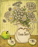 Still Life Scene of Daisies in a United States Jug with Green Apples by Kenneth Cox, Oil painting, sold Nov 2025