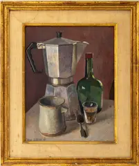 Coffee and Brandy Still Life Scene by Eli Levin, 1981, Oil on Panel, sold Nov 2025
