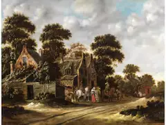 Landschaft mit Reisenden bei der Rast vor Einem Wirtshaus by Thomas Heeremans, oil on panel, sold Jun 2025
