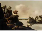 Grosse Flusslandschaft mit Ansteigenden Bebauten Ufern by Ludolf de Longh, oil on panel, offered Jun 2025