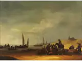 Niederländische Strandszene mit Anliegenden Schiffen und Figurenstaffage by Egbert van der Poel, oil, offered Sep 2023