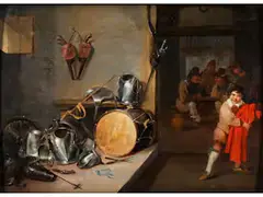 Rüstkammer mit Soldaten und Jungen mit Rotem Mantel by Mattheus van Helmont, oil on panel, sold Jun 2024