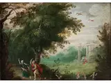 Waldlandschaft mit Figurenstaffage (wohl Szene aus dem Leben der Leto) by Jasper van der Lanen, oil on panel, offered Sep 2020
