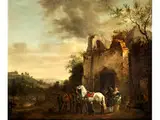 Schimmel und Maultier mit Personengruppe vor Einer Ruine by Philips Wouwerman, oil on panel, offered Sep 2015