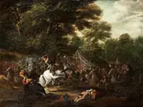 Reiterschlacht in Einem Waldstück by Lambert de Hondt d. J., oil on canvas, sold Jun 2021