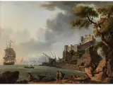 Südländischer Hafen mit Segelschiffen by Charles François Lacroix de Marseille, oil on panel, sold Dec 2018