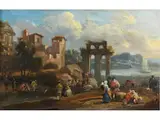 Ruinenlandschaft an der Küste mit Personen an Einem Kanal by Peeter Bout, 1658 – 1719, oil on copper, offered Sep 2024