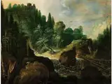 Zerklüftete Waldlandschaft mit Christusdarstellung by Jan Tilens, oil on panel, sold Sep 2018