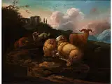 Südliche Landschaft mit Schafherde und Schlafenden Hirten by Johann Melchior Roos, oil, offered Jun 2016