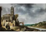 Italienische Flusslandschaft mit Klosteranlage by Claude de Jongh, oil on panel, offered Dec 2024