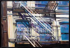 Untitled (Fire Escapes) by Kevin Conklin, oil on masonite, sold Aug 2024