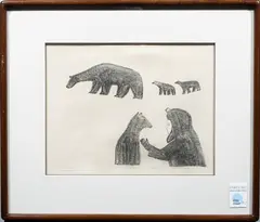 Untitled (Person with Bears) by Pauta Saila, etching, sold Aug 2024