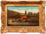 River Landscape Scene with Dock by A. Sparks, circa 1900, Oil on Canvas, sold Nov 2025