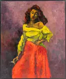 Woman in Yellow and Red Dress by A. Rimdrit, Oil on Canvas, sold Nov 2025
