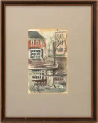 Winter Village Landscape Scene by C. Robert Perrin, circa 1950, Watercolor on Paper, sold Nov 2025