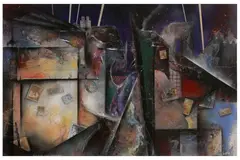 Untitled by David White, acrylic and collage on canvas, offered Apr 2022