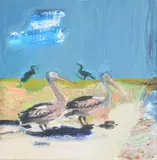 Pelicans and Cormorants Oil on canvas laid to board Signed lower right 20 x 20cm (7¾ x 7¾ in.) Painted in 1992 by David Michie, 1992, Oil on canvas laid to board, sold Apr 2019