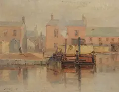 Lock on the canal Oil on canvas Signed lower left 19.5 x 24cm (7½ x 9¼ in.) by Alexander Williams, Oil on canvas, sold Apr 2019