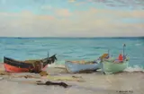 Fishing boats on the shore Oil on canvas Signed lower right 27 x 41cm (10½ x 16 in.) Unframed by Joseph Milner Kite, Oil on canvas, sold Apr 2019