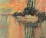Landscape with red sky by Alfred Cohen, Watercolour on paper laid down to board, sold Apr 2019