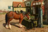 Farm horse at a trough before a tavern Oil on canvas Signed lower right 52 x 77cm (20¼ x 30¼ in.) by Arthur William Redgate, Oil on canvas, sold Apr 2019