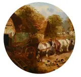Horse and haycart outside farm buildings Oil on canvas, tondo Signed lower left 60.5 x 61cm (23¾ x 24 in.) by John Frederick Herring Junior, Oil on canvas, tondo, offered Apr 2019