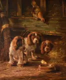 Puppies in a barn Oil on canvas Signed lower left 61 x 50.5cm (24 x 19¾ in.) λ Indicates that this lot may be subject to Droit de Suite royalty charges by J.W. van Trirum, Oil on canvas, sold Apr 2019
