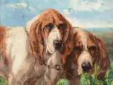 Bloodhounds Oil on canvas Signed lower right 49 x 65cm (19¼ x 25½ in.) by Edmond Van der Meulen, Oil on canvas, sold Apr 2019