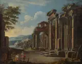 Italianate landscape with figures amongst classical ruins Oil on canvas Signed lower left 38 x 49cm (14¾ x 19¼ in.) Unframed by Wolfgang Magnus Gebhardt, Oil on canvas, sold Apr 2019