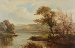 River landscape with boat Oil on canvas Signed lower right 82 x 127cm (32¼ x 50 in.) by George Turner, Oil on canvas, sold Apr 2019