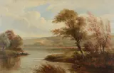 River landscape with boat Oil on canvas Signed lower right 82 x 127cm (32¼ x 50 in.) by George Turner, Oil on canvas, sold Apr 2019