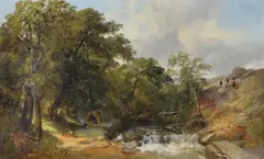 Gypsy encampment by tree lined stream Oil on canvas Signed lower left 55 x 91cm (21½ x 35¾ in.) by Henry Jutsum, Oil on canvas, sold Apr 2019