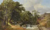 Gypsy encampment by tree lined stream Oil on canvas Signed lower left 55 x 91cm (21½ x 35¾ in.) by Henry Jutsum, Oil on canvas, sold Apr 2019