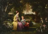 A mother with two children playing in the forest Oil on canvas Signed lower left, inscribed and dated 1845 to stretcher verso 22 x 31cm (8½ x 12 in.) by Louis Coignard, 1845, Oil on canvas, offered Apr 2019