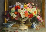 Still life of flowers in a porcelain vase Oil on canvas Signed lower right 65 x 92cm (25½ x 36 in.) by Marthe Moisset, Oil on canvas, sold Apr 2019