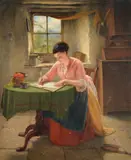 The Love Letter Oil on canvas Signed and dated 1869 lower left 62 x 51cm (24¼ x 20 in.) by Haynes King, 1869, Oil on canvas, sold Apr 2019