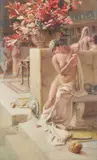 At the baths Watercolour and pencil Signed lower left 50 x 30cm (19½ x 11¾ in.) λ Indicates that this lot may be subject to Droit de Suite royalty charges by Fortunino Matania, Watercolour and pencil, sold Apr 2019