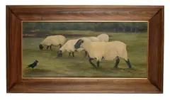 Sheep grazing with a single magpie Oil on board Signed lower right 41 x 87cm (16 x 34¼ in.) by Gentian Lulanaj, Oil on board, sold Feb 2019