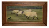 Sheep grazing with a single magpie Oil on board Signed lower right 41 x 87cm (16 x 34¼ in.) by Gentian Lulanaj, Oil on board, sold Feb 2019