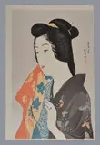 A Woodblock Print in inks and colour on paper Tenugui Moteru Onna by Goyō Hashiguchi, Print in inks and colour on paper Tenugui Moteru Onna, sold Feb 2019