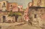 Village street Oil on board Signed lower left 19 x 29cm (7¼ x 11¼ in.) by Amerigo Tamburrini, Oil on board, offered Jan 2019