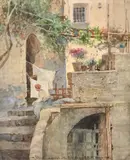 Figure seated on steps Watercolour Signed, inscribed in Italian and dated 1916 lower centre 29.5 x 24cm (11½ x 9¼ in.) by Salvatore Petruolo, 1916, Watercolour, offered Jan 2019