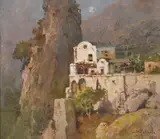 House on cliffside Oil on card Signed and dated 1913 lower right 18 x 20.5cm (7 x 8 in.) by Salvatore Petruolo, 1913, Oil on card, sold Jan 2019