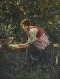 Young girl sitting in the garden Oil on canvas Signed lower left 45 x 35cm (17½ x 13¾ in.) by Luca Postiglione, Oil on canvas, sold Jan 2019